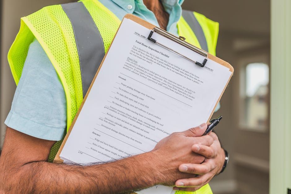 Close-up of a person's hands holding a clipboard with a detailed home inspection checklist titled 'Total Home Inspection Checklist' and a black pen. The person is wearing a light blue shirt and a high